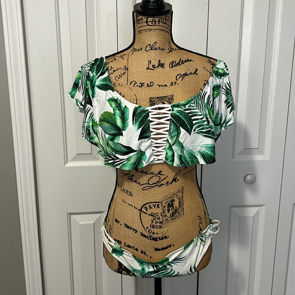 Hot Kiss Green & White Tropical Print Bikini